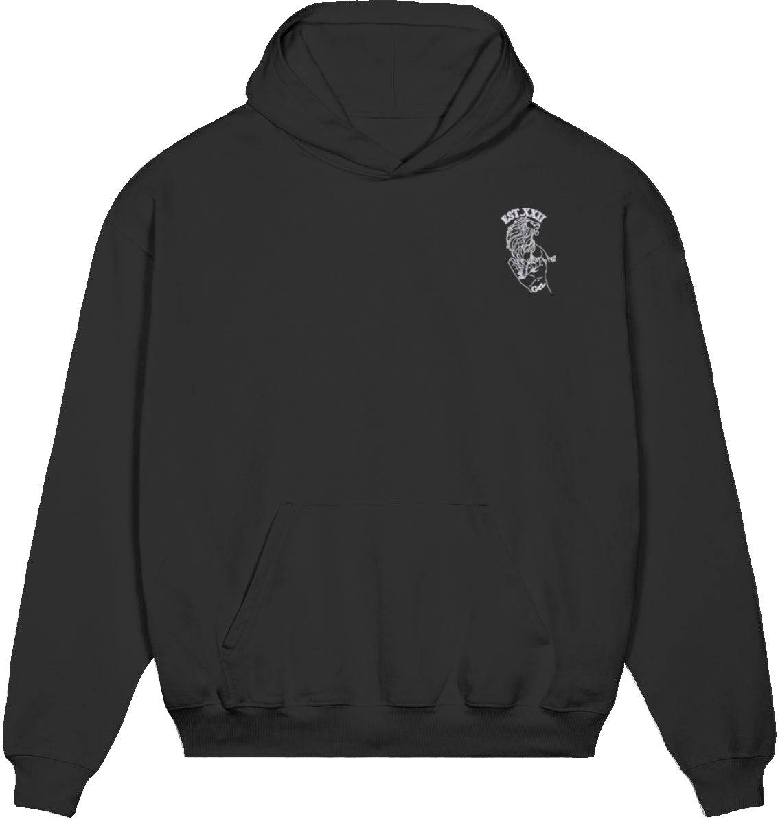 Hoodie schwarz mit EST.-Löwe aus 100% Baumwolle